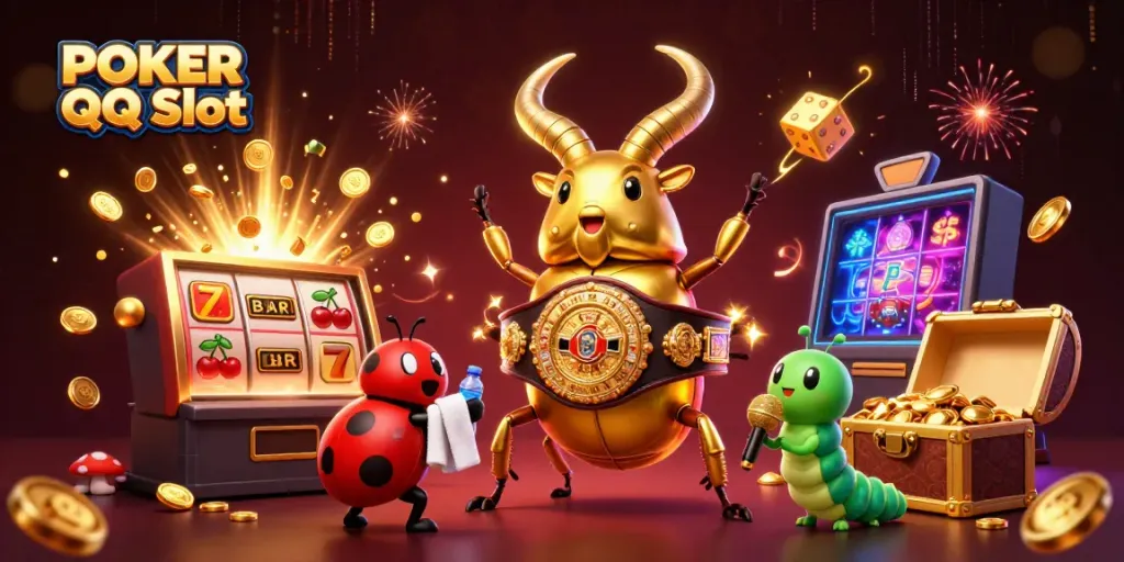 Engaging POKER QQ Slot scene featuring a golden stag beetle boxing champion, ladybug corner-man, and vibrant casino elements.