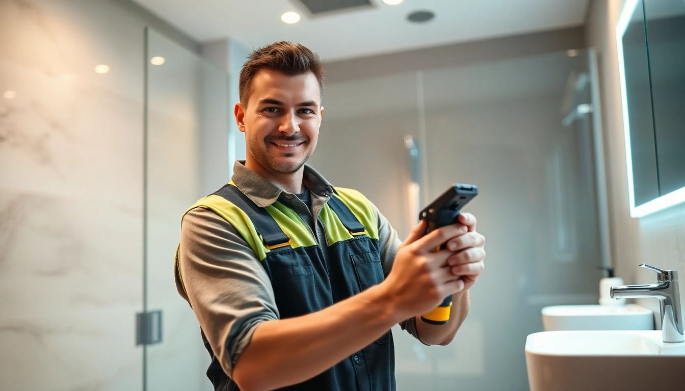 Professioneller Installateur Notdienst in einem modernen Badezimmer bei der Installation von Sanitäranlagen.