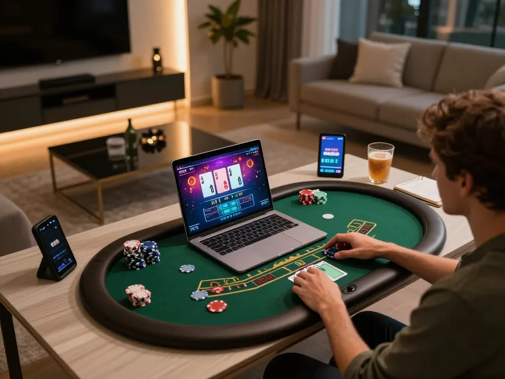 Player engaged in baccarat on laptop at home, showcasing Nhà cái uy tín F168 experience with stylish setup