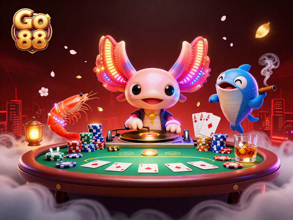 Experience the vibrant energy of Go 88 with an axolotl DJ and dynamic poker scene.