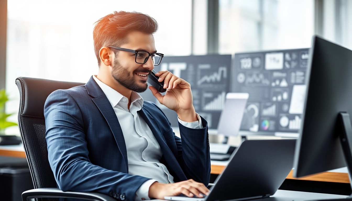 Headhunter IT im modernen Büro, der telefonisch mit einem Kandidaten spricht und IT-Trends präsentiert.
