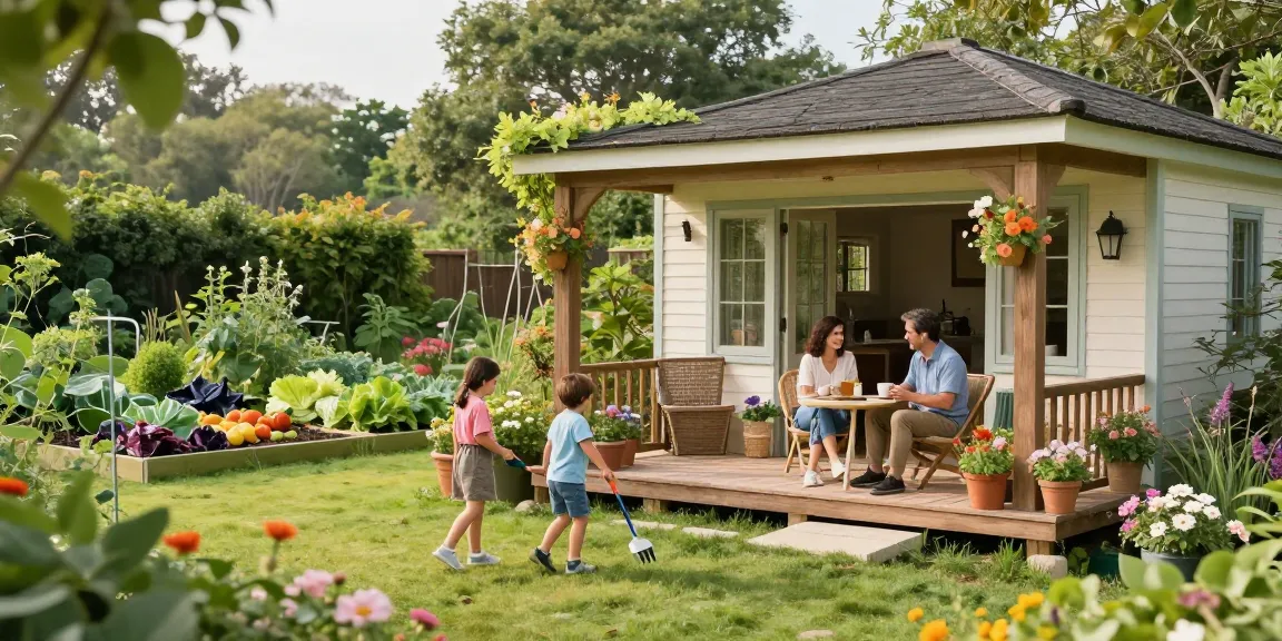 Schönes Gartenhaus, umgeben von Blumen, wo eine Familie Kaffee genießt und Kinder im Garten spielen.