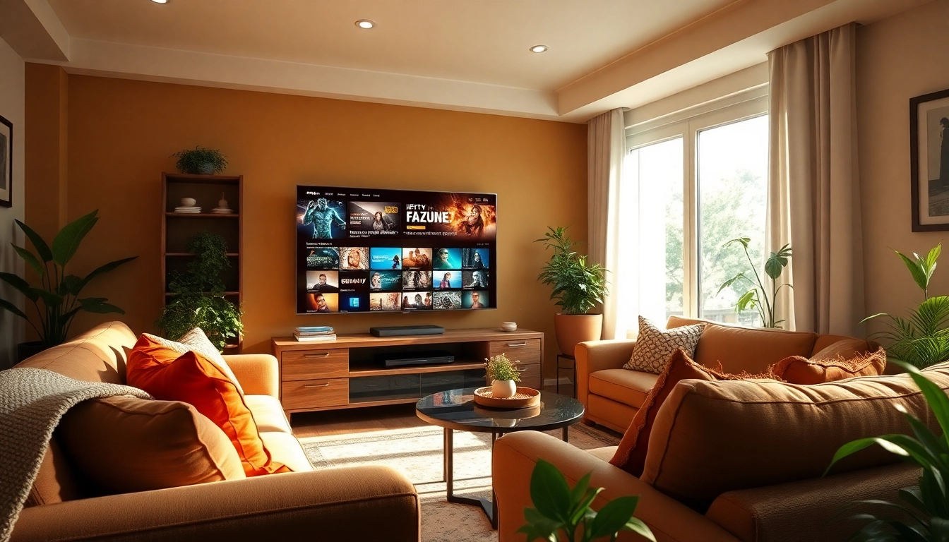 Genießen Sie iptv Deutschland in einem gemütlichen Wohnzimmer mit bequemen Sofas und einem großen Fernseher.
