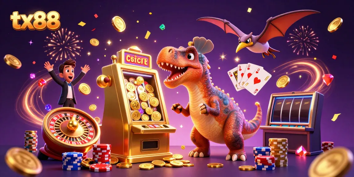 tx88 brings excitement as a dinosaur headbutts a slot machine, triggering a jackpot.