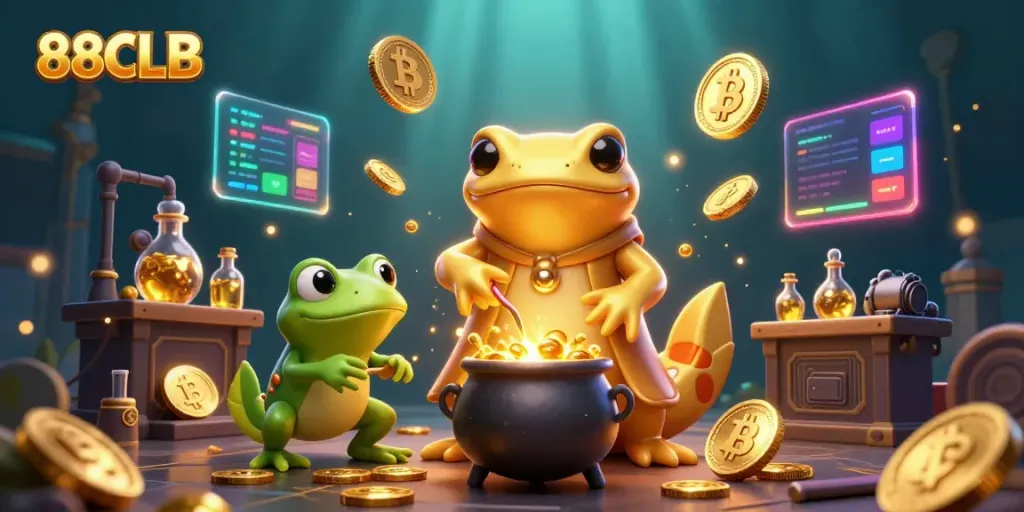 Experience the magic of 88CLB, an enchanting 3D casino illustration with dynamic gold and crypto visuals.