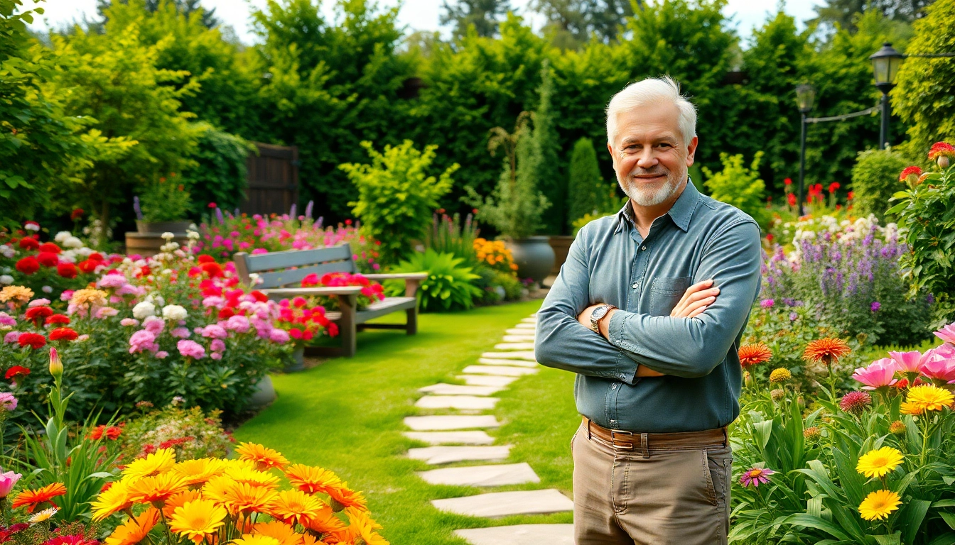 Gartenbauer plantet blühenden Garten mit bunten Pflanzen und sorgfältigem Design.
