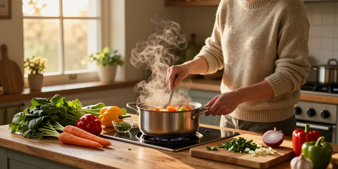 Leckere vegetarische Suppe, die in einer gemütlichen Küche zubereitet wird.