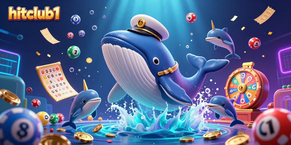 Experience the excitement of hitclub1 as a 3D whale captain and friends engage in a vibrant lottery game scene.