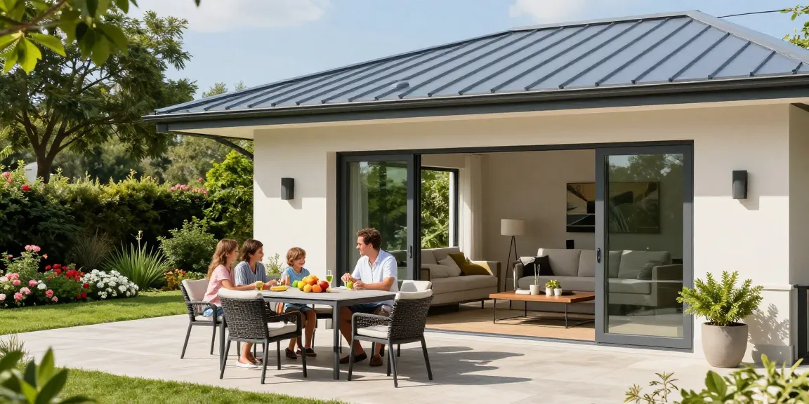 Moderne Terrassenüberdachungen in stilvollem Garten mit Familie im Freien.