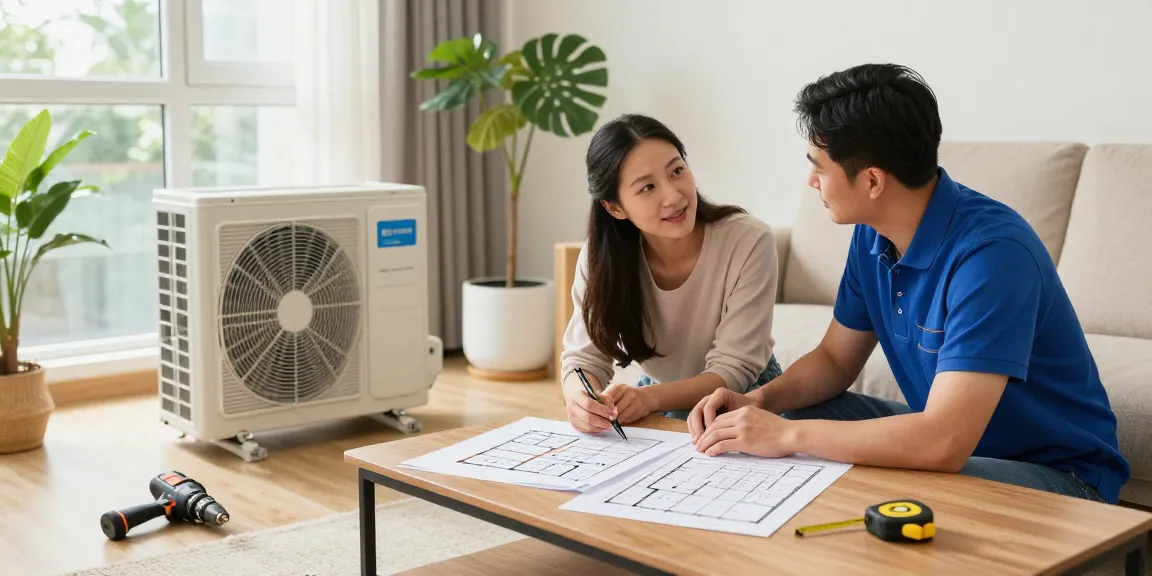 wärmepumpe kaufen with couple consulting technician in modern living room about energy efficiency