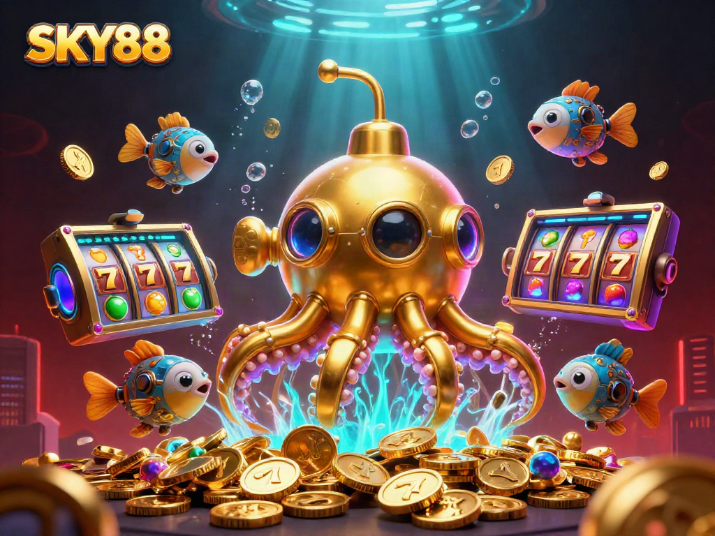 Experience thrilling wins at SKY88 with vibrant slot reels and a golden kraken submarine in a lively casino scene.