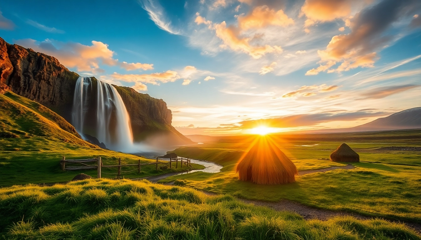 Erleben Sie eine beeindruckende Reise nach Island mit einem Sonnenuntergang über einem Wasserfall und schwarz-vulkanischen Felsen.