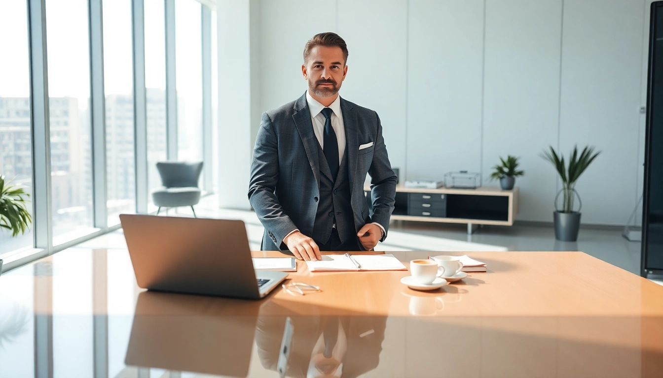 Headhunter CEO bei der Arbeit in einem modernen Büro, umgeben von Bewerbungsunterlagen.