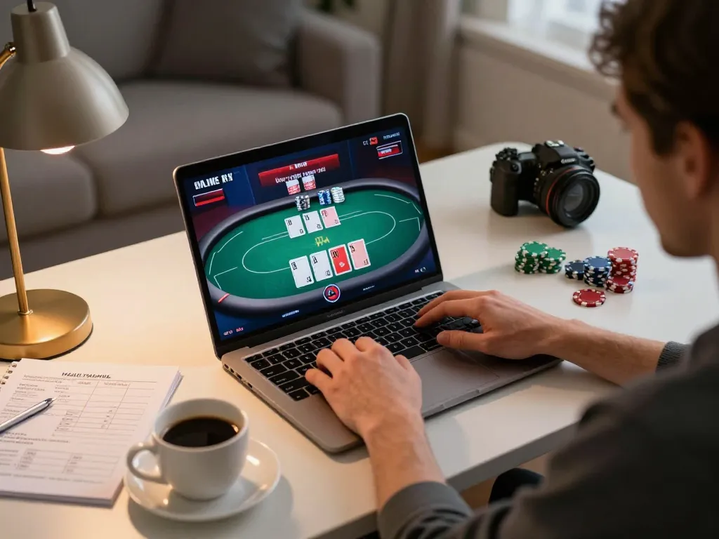 Engage in strategic online poker gameplay at 78winvina from a cozy home office setup.