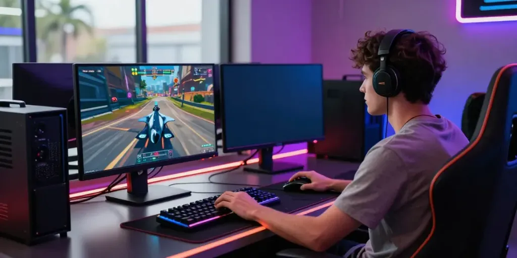 Focused gamer engaging with F168 on a vibrant gaming setup.