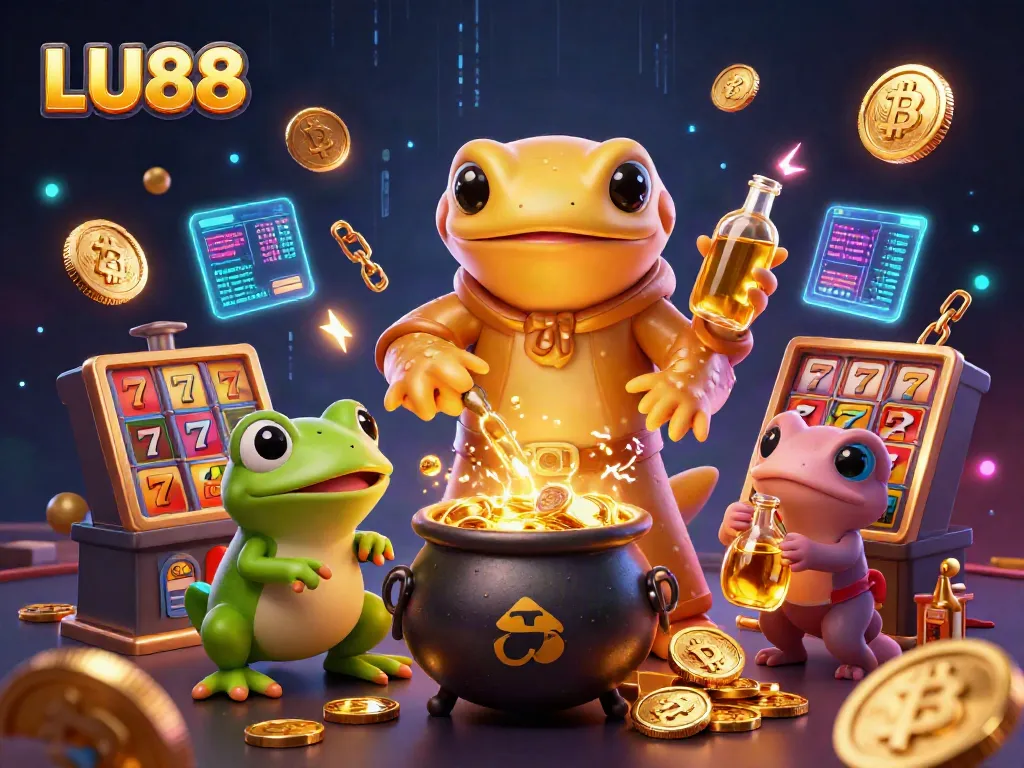 Engage with LU88 in this vibrant casino scene featuring an alchemist turning metals into gold and crypto elements.