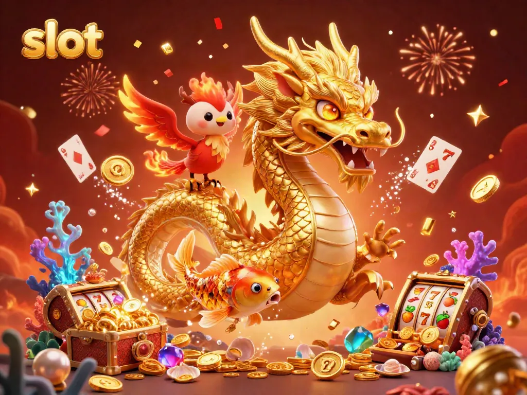 Experience thrilling slot jackpots with a stunning dragon, phoenix, and koi fish 3D illustration