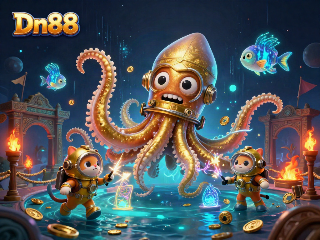 Experience dynamic Dn88 casino fun with golden treasures and exciting characters in an immersive ocean scene.