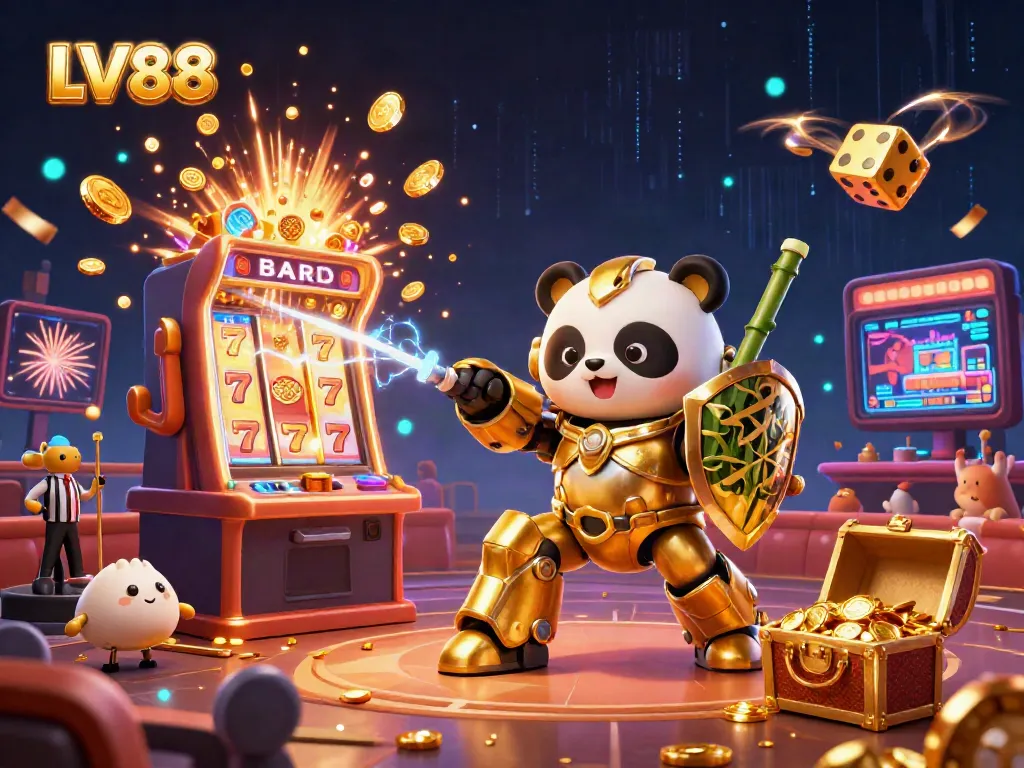 Experience the excitement of LV88 with a golden panda in mech-suit piloting a robot amidst vibrant casino action.
