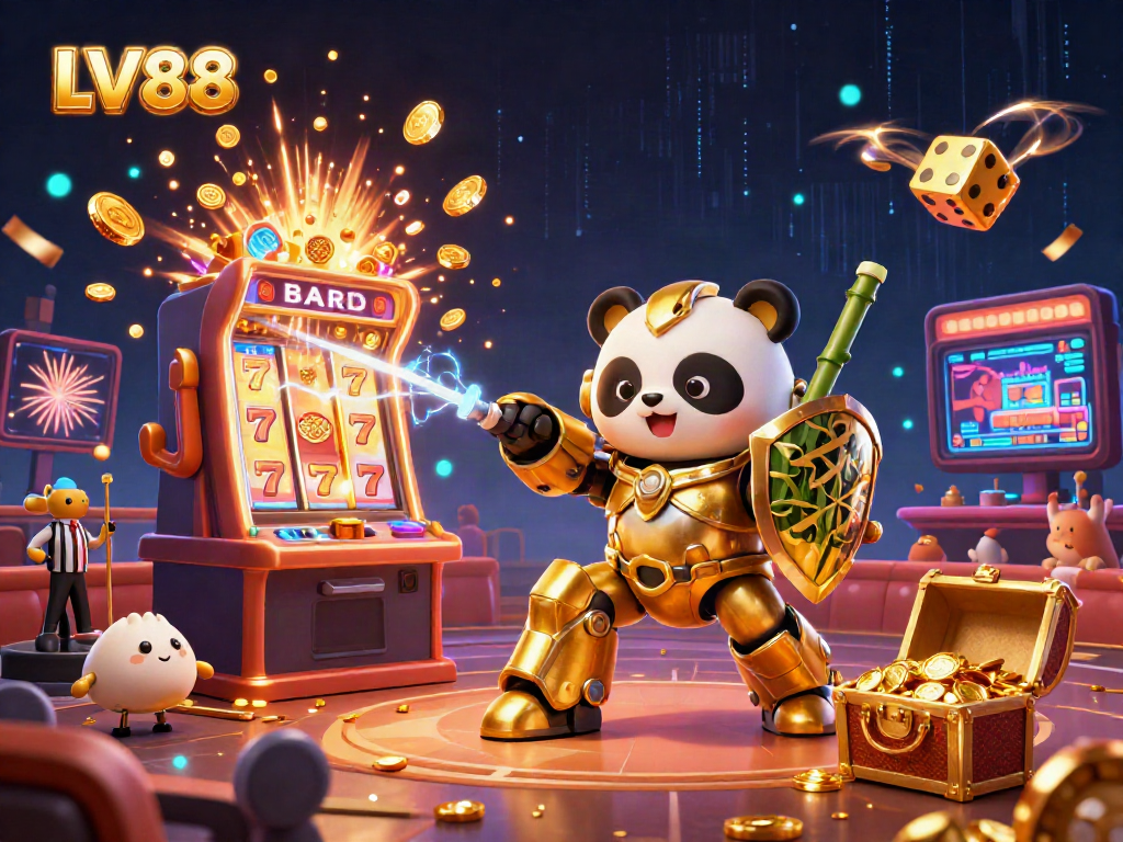 Experience the excitement of LV88 with a golden panda in mech-suit piloting a robot amidst vibrant casino action.