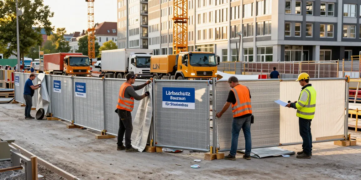 Lärmschutz Bauzaun für Straßenbau mieten: Bauarbeiter montieren Schallschutzmatten an einem Bauzaun in einer urbanen Umgebung.