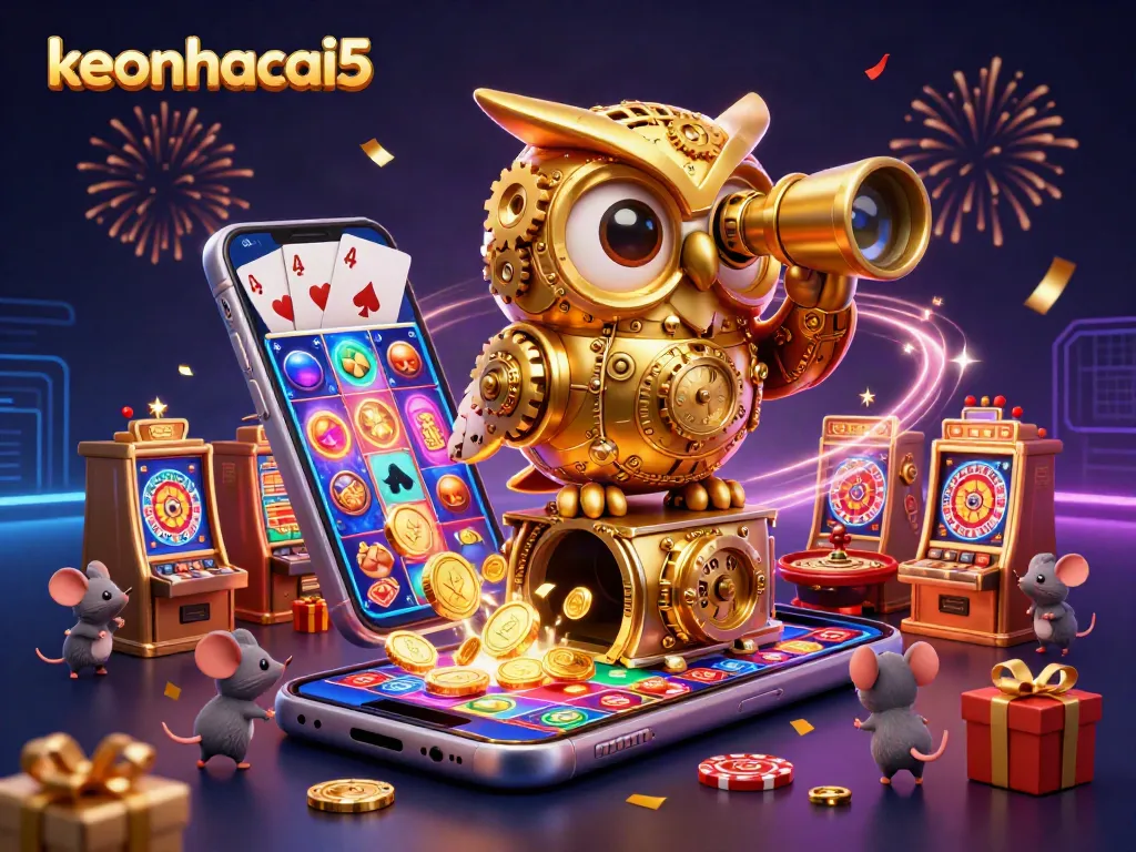 Experience the excitement of keonhacai5 with a vibrant 3D casino illustration showcasing gaming elements.