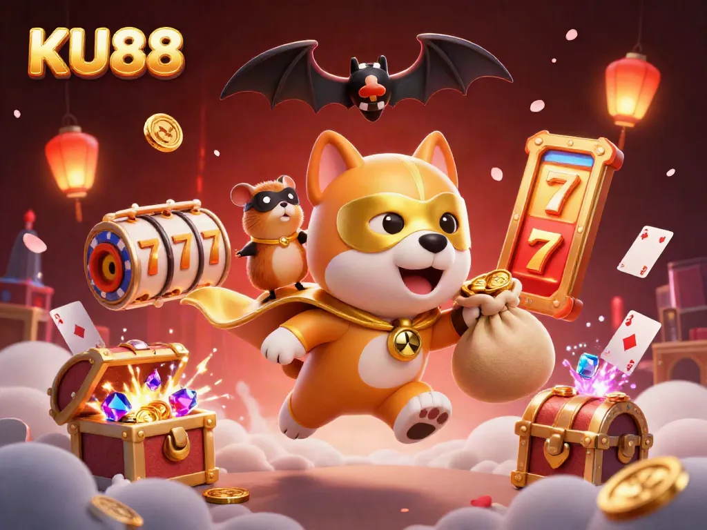 Experience thrilling jackpots and vibrant gameplay with KU88's superhero dog and hamster in action.