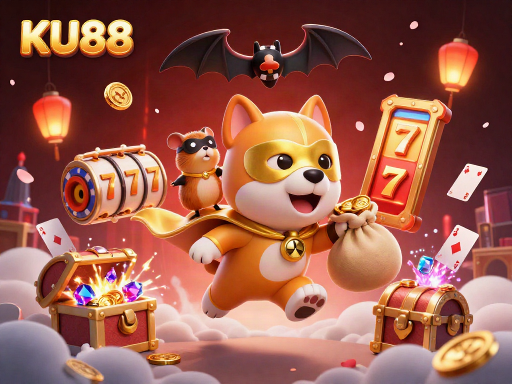 Experience thrilling jackpots and vibrant gameplay with KU88's superhero dog and hamster in action.