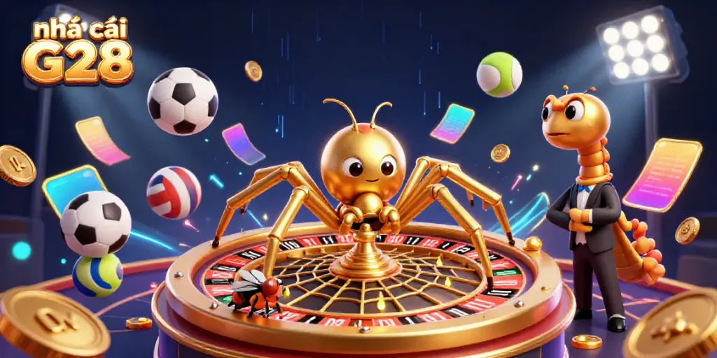 Excite your bets at nhà cái G28 with a dynamic casino illustration featuring a golden spider and a centipede croupier.