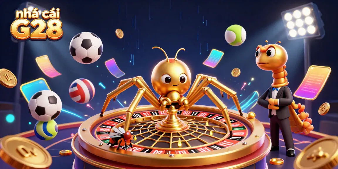 Excite your bets at nhà cái G28 with a dynamic casino illustration featuring a golden spider and a centipede croupier.