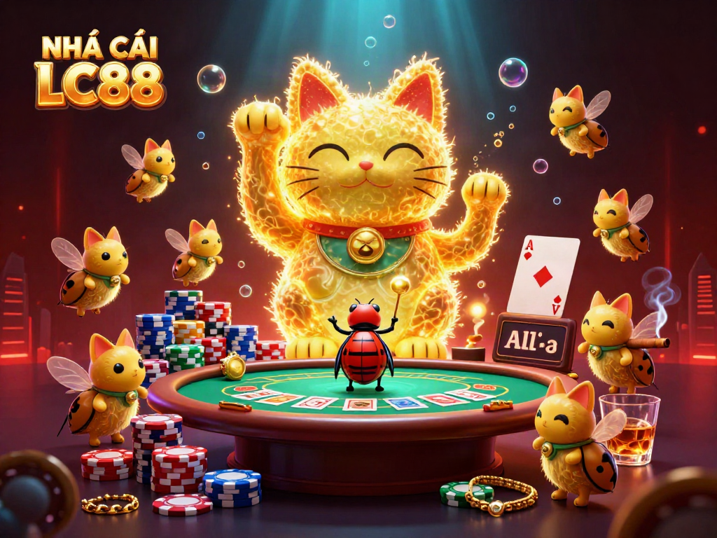 Experience the vibrant energy of NHÀ CÁI LC88 with a lucky cat and casino elements in a dynamic illustration.