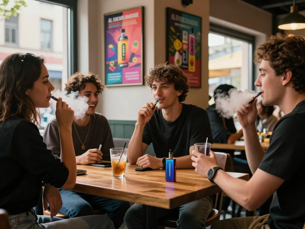Junger Erwachsener genießt Al Fakher 30K Vape in lebhaftem Café-Setting mit Freunden.
