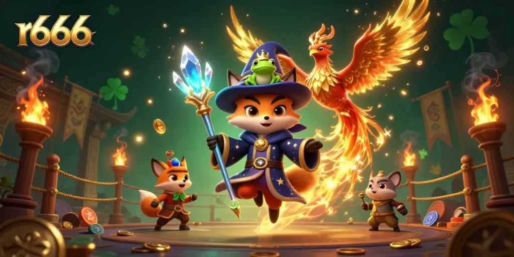 Experience the magical realm of r666 with a wizard fox, phoenix, and casino elements.