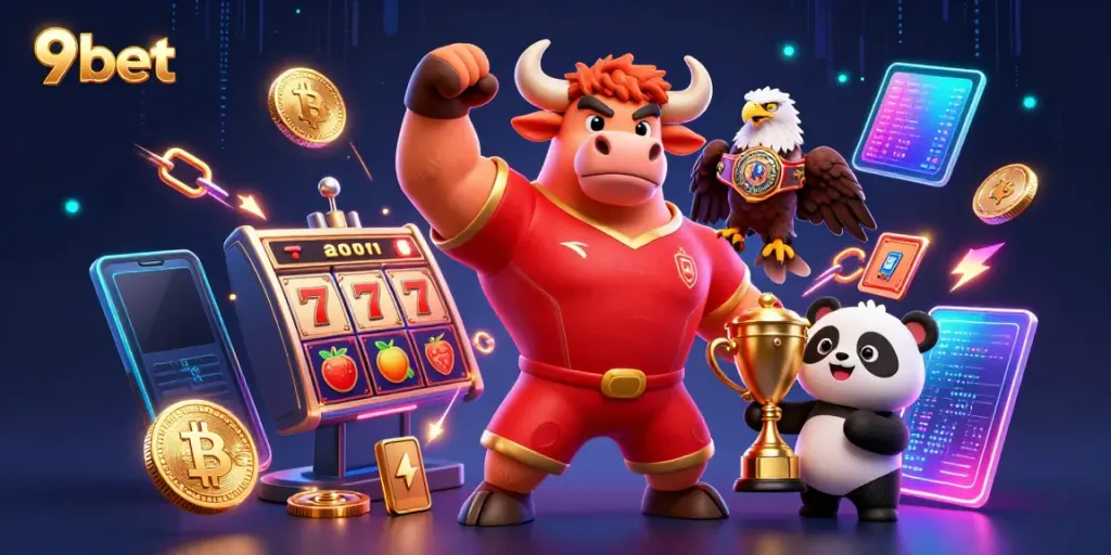 Experience vibrant gaming with 9bet, featuring dynamic mascot characters and casino elements.