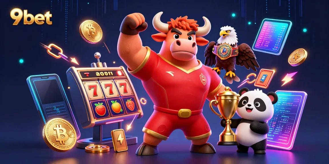 Experience vibrant gaming with 9bet, featuring dynamic mascot characters and casino elements.