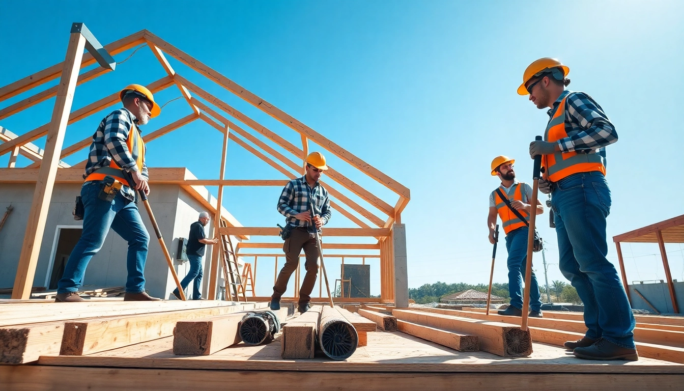 Haus bauen mit handwerklichen Arbeiten auf einer Baustelle von Fachleuten.
