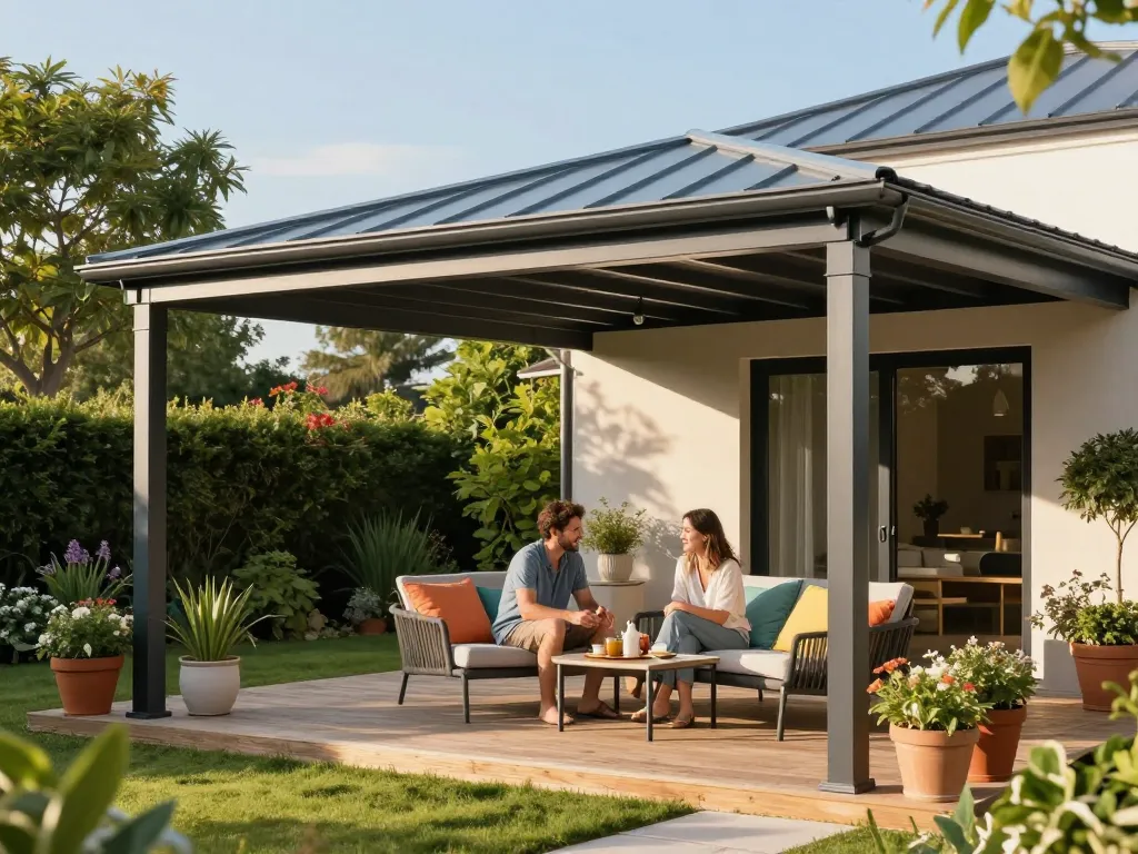 Stilvolle Terrassenüberdachung auf einer sonnigen Terrasse, Paar genießt Erfrischungen.