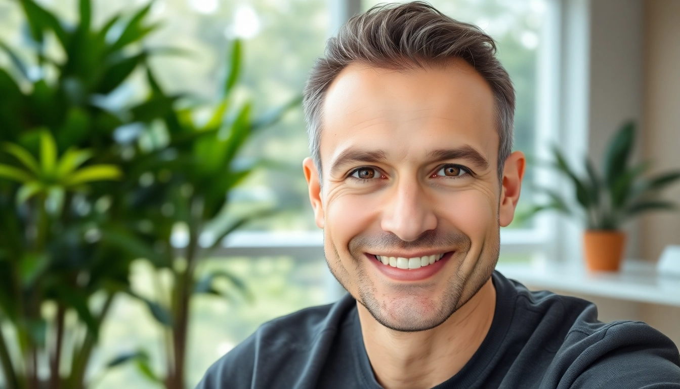 Erfolg der Haartransplantation Türkei – Zufriedener Patient lächelt in moderner Klinik.