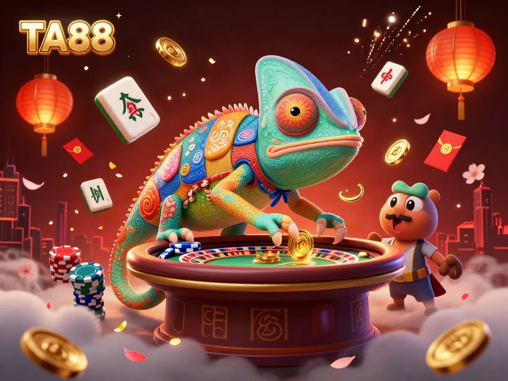 Experience the vibrant world of TA88 with dynamic game elements and a colorful chameleon casino owner.
