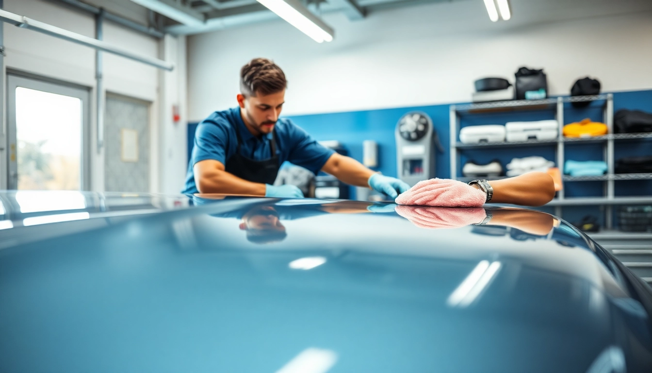 Fahrzeugaufbereitung durch einen Fachmann in einer modernen Garage mit glänzendem Auto und Pflegemitteln.