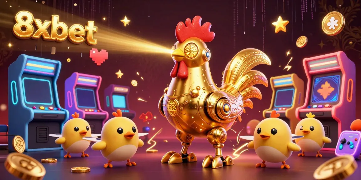 Engage in the exciting world of 8xbet with a golden rooster robot leading gaming fun.