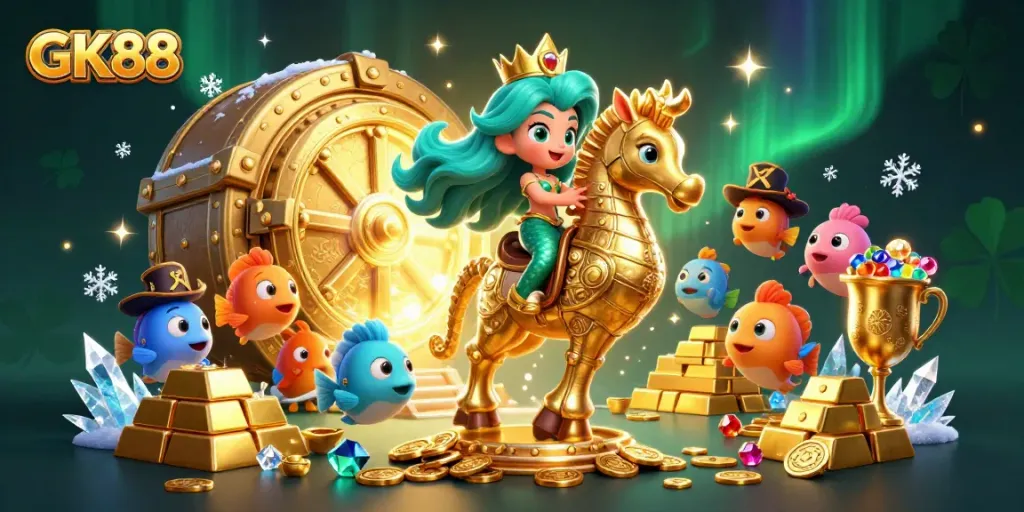 Experience the thrill of GK88 with a mermaid princess riding a seahorse amidst treasure and vibrant game elements.