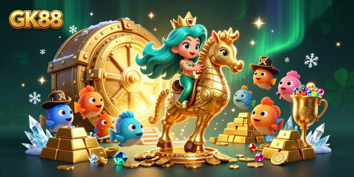 Experience the thrill of GK88 with a mermaid princess riding a seahorse amidst treasure and vibrant game elements.