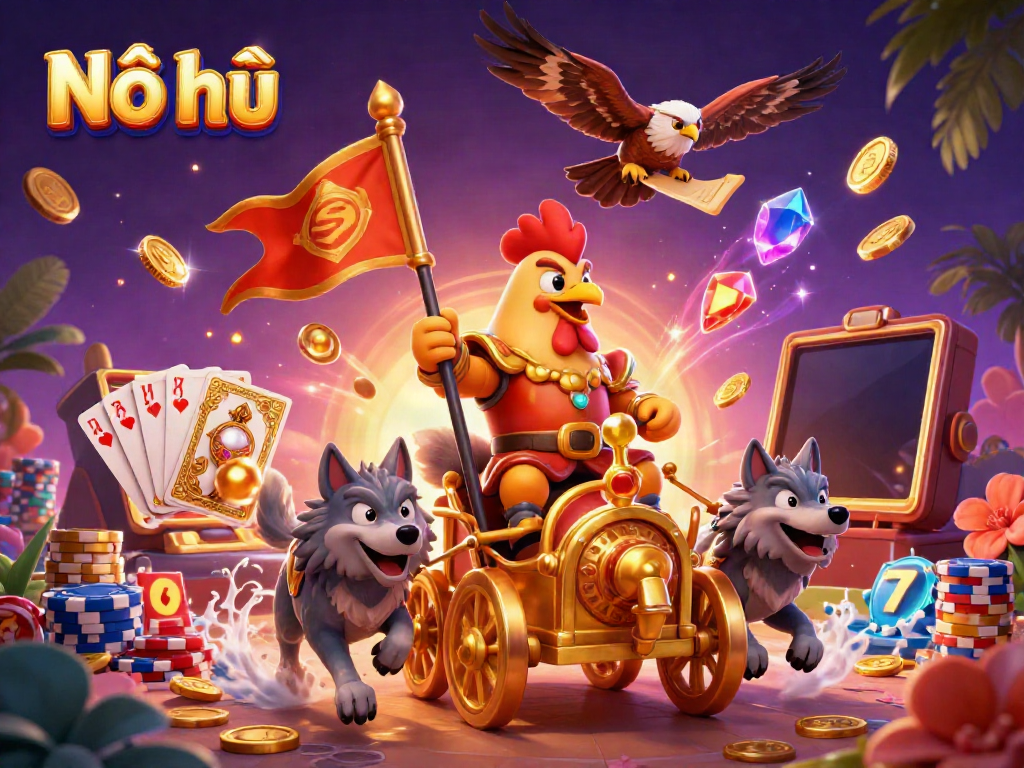Experience thrilling Nổ hũ adventures with a dynamic cartoon scene full of action and rich casino elements.