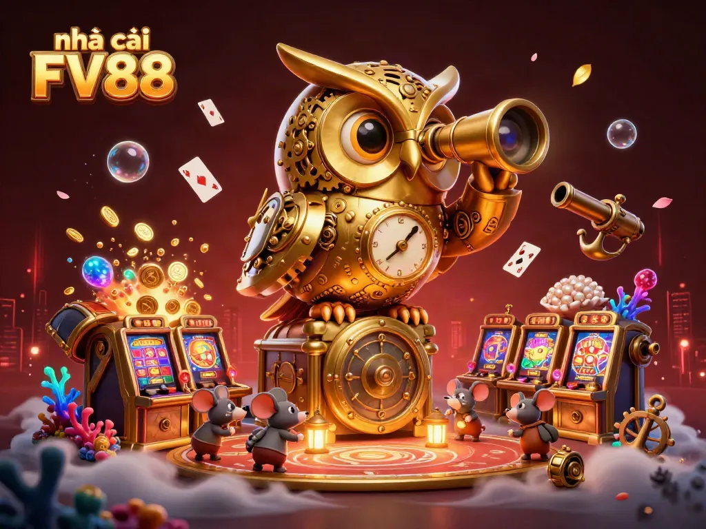 Engage with the vibrant scene of nhà cái FV88 as the golden owl oversees the exciting casino floor with animated elements.