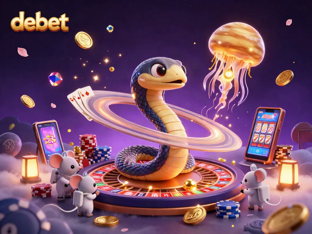 Experience thrilling betting action at DEBET's cosmic casino with vibrant characters and exciting game elements.