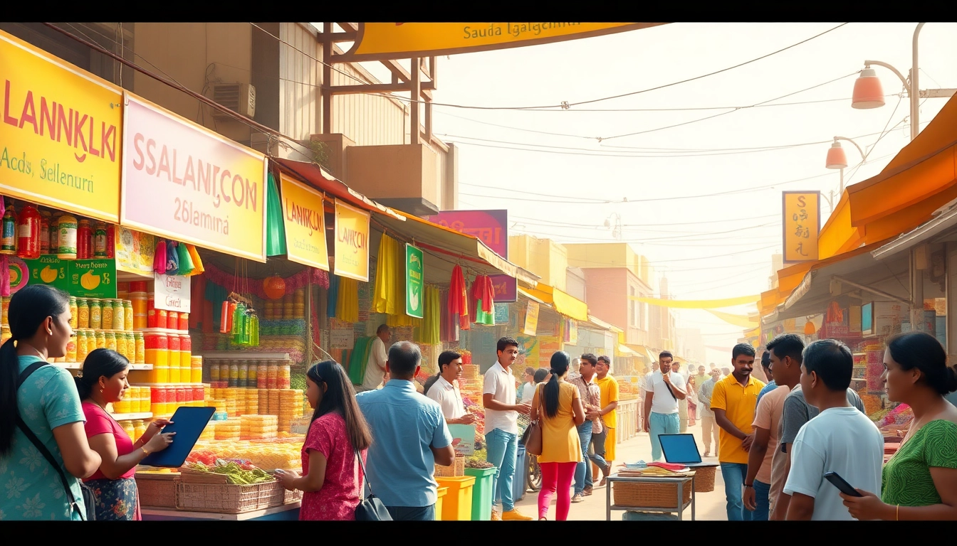 Vibrant marketplace scene representing SL Ads in Sri Lanka, showcasing diverse vendors, customers, and modern advertising elements.