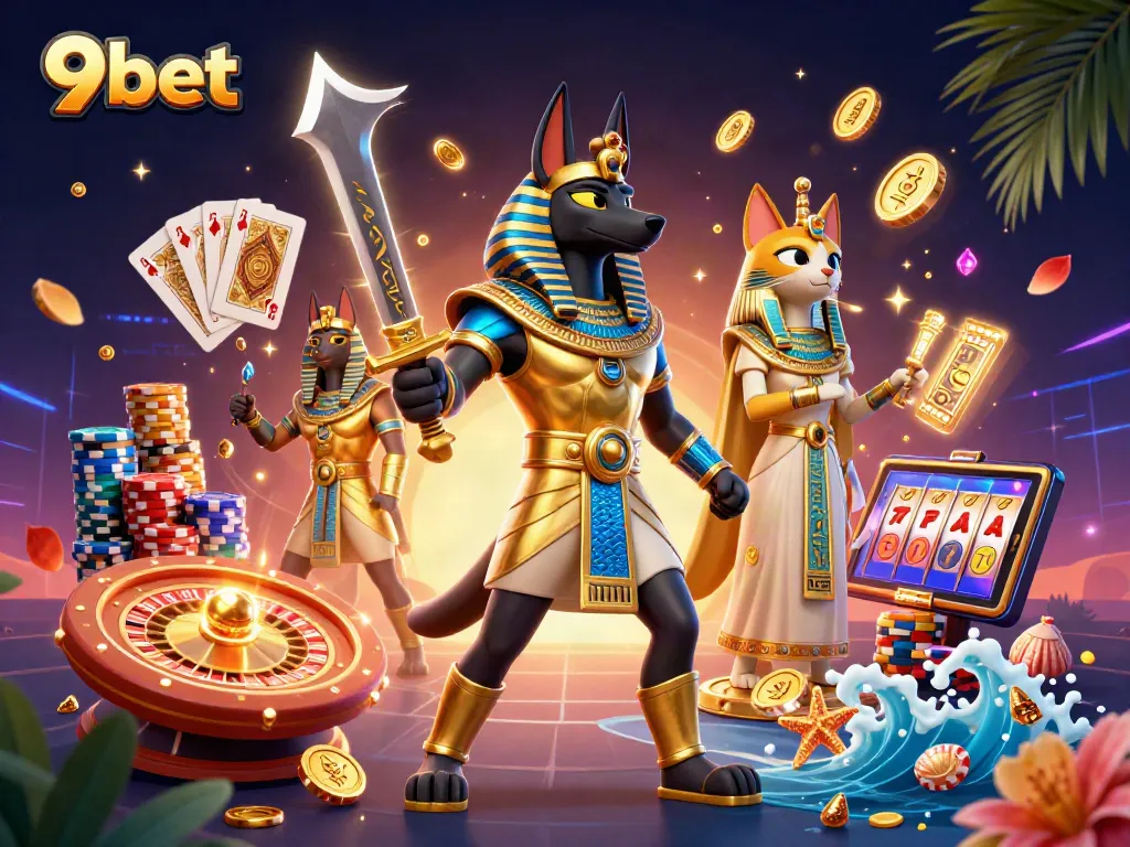 Engage with thrilling 9bet casino games featuring ancient warrior Anubis and cat Bastet in vibrant 3D illustration.