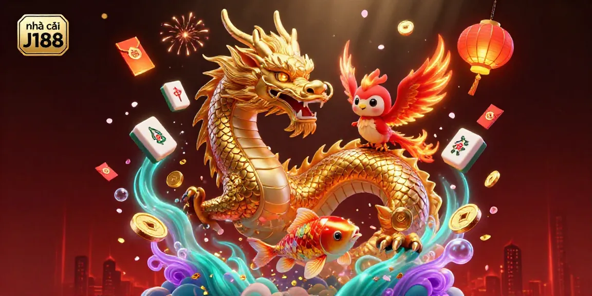 Experience exciting gaming at nhà cái J188 with a dynamic 3D illustration of mythical creatures and casino elements.