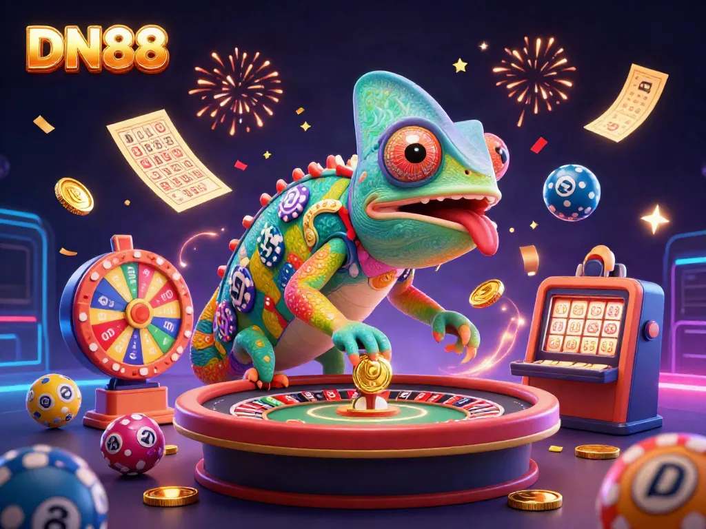 Experience the thrill of DN88 with an energetic chameleon casino owner surrounded by colorful lottery elements and festive confetti.